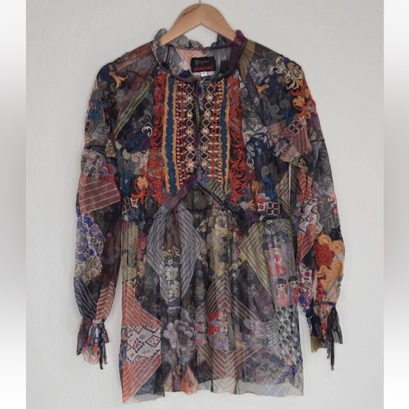 Johnny Was Biya Illyana Mesh Blouse Embroidered Size S Womens